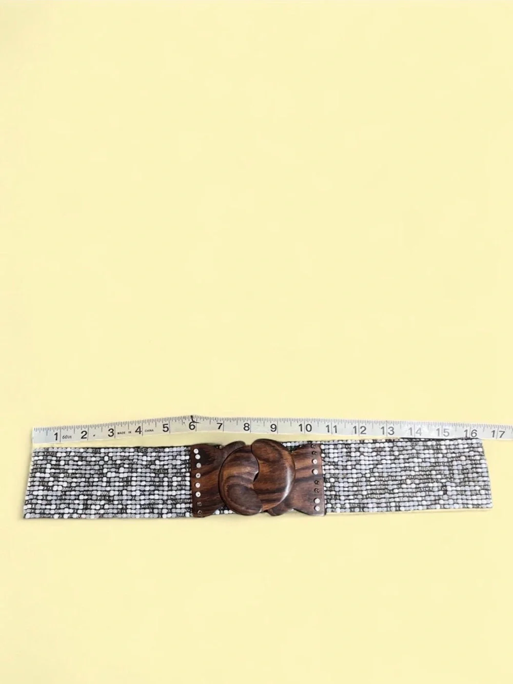 Vintage Beaded Stretch Belt Wooden Buckle Boho Artisan Waist Belt